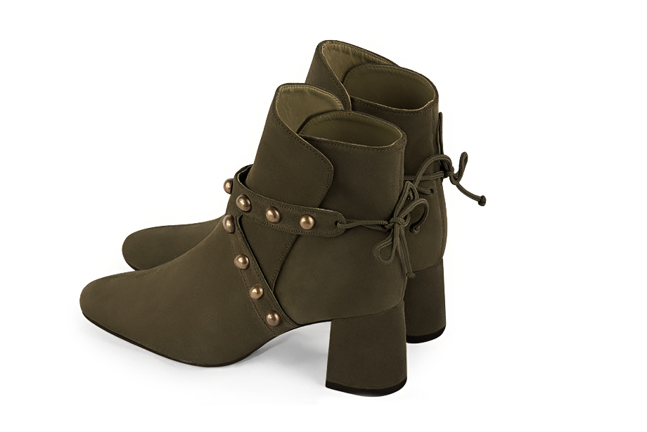 Khaki green women's ankle boots with laces at the back. Round toe. Medium flare heels. Rear view - Florence KOOIJMAN